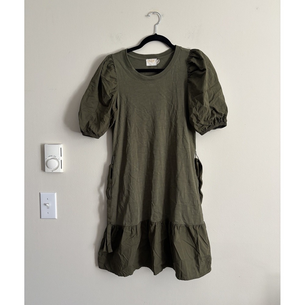 Nation LTD Evangeline Belted Mini Dress Green Puff Sleeve Size Small Cotton